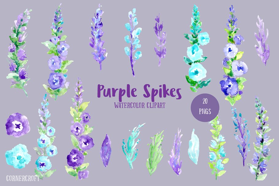 紫色水彩花穗花卉插画 Watercolor Floral Spikes Purple插图1