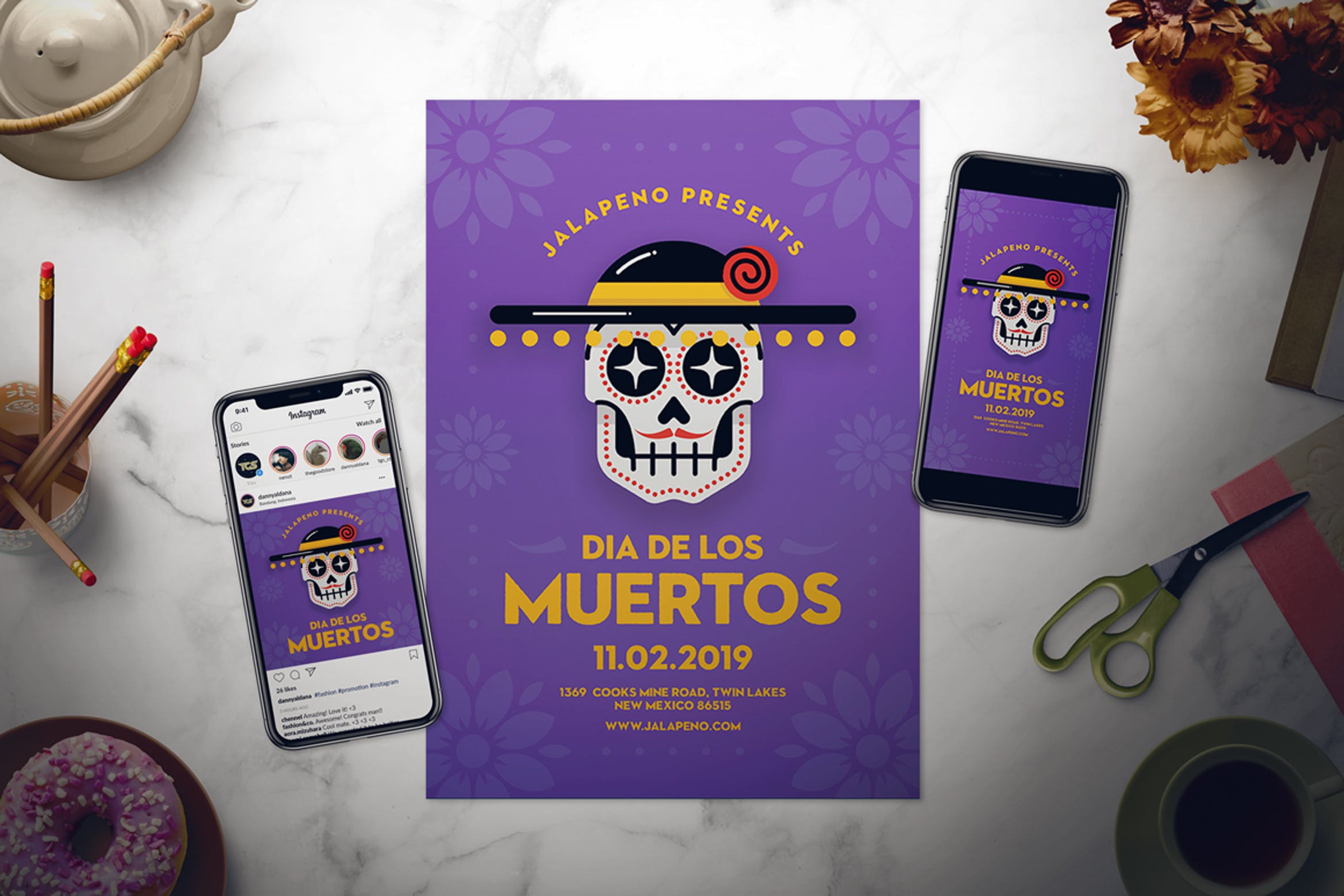 墨西哥亡灵节文化活动海报设计模板 Dia De Los Muertos Flyer Set插图