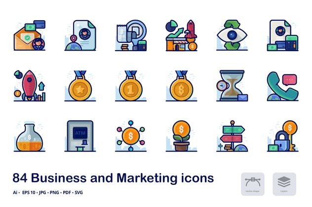 商业和市场营销主题多彩线形图标 Business and marketing detailed filled line icons插图(1)