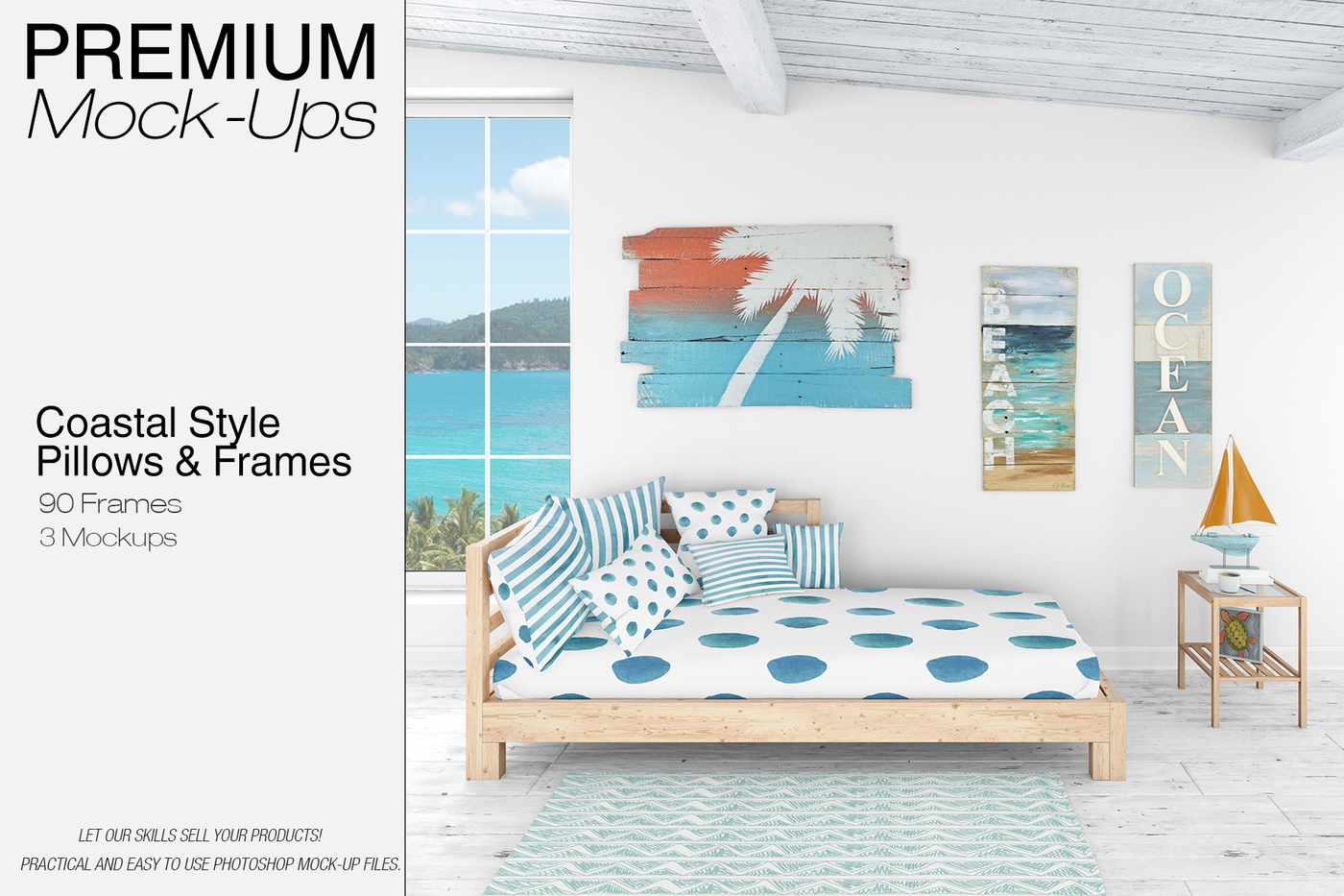 海景房枕头和框架展示样机下载 Pillows & Frames Set – Coastal Style [psd]插图(5)