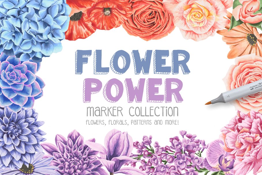 高质素记号笔手绘花卉素材[元素+纹理+花饰框] Flower Power Marker Collection Pro插图