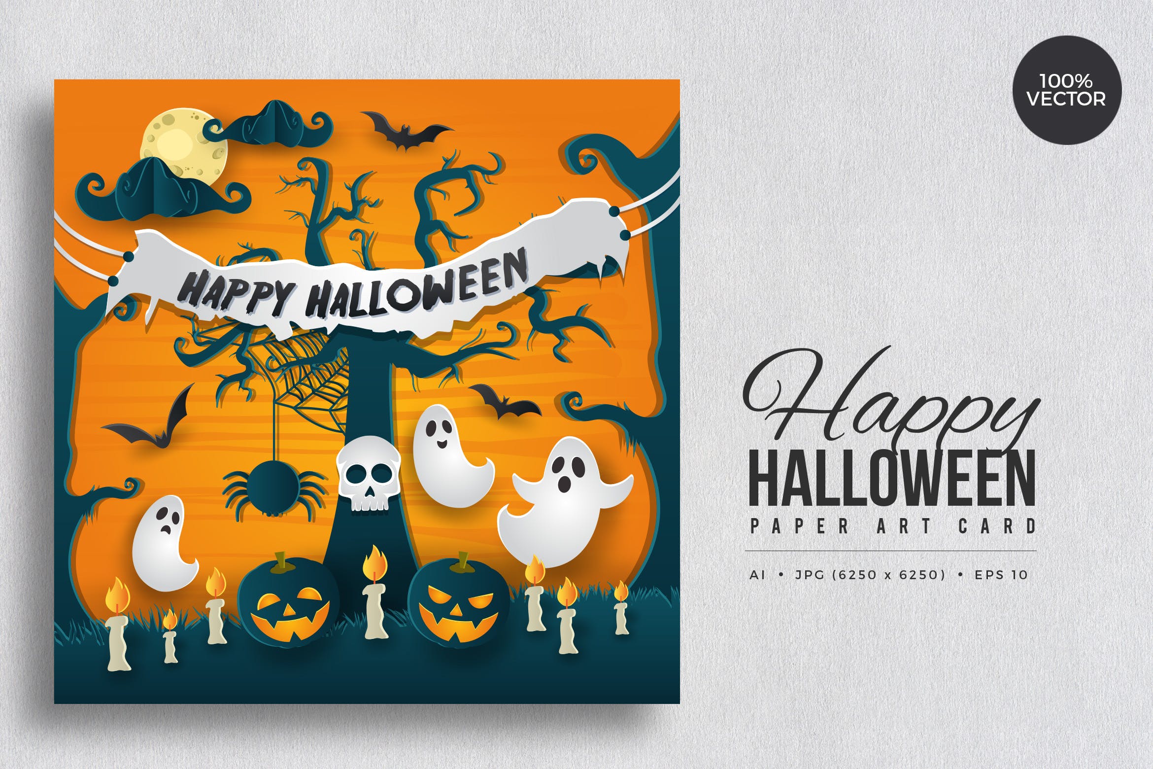 万圣节庆祝主题剪纸艺术矢量插画素材v3 Happy Halloween Paper Art Vector Card Vol.3插图