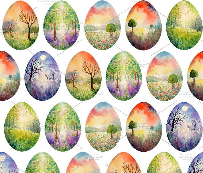 水彩景观复活节彩蛋图案素材 Landscape Easter Eggs Pattern插图