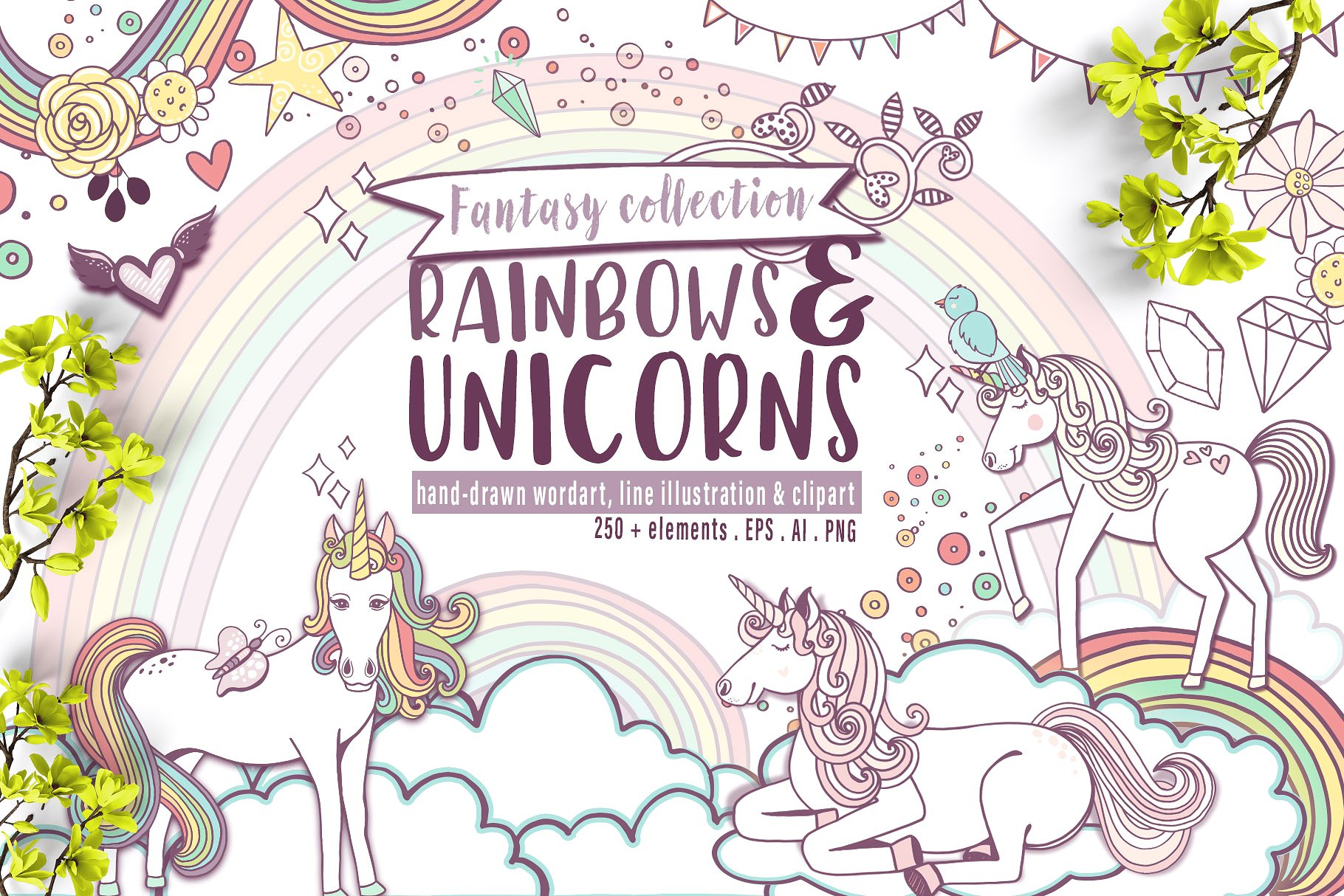 彩虹与独角兽梦幻世界插画元素 Rainbows & Unicorns插图