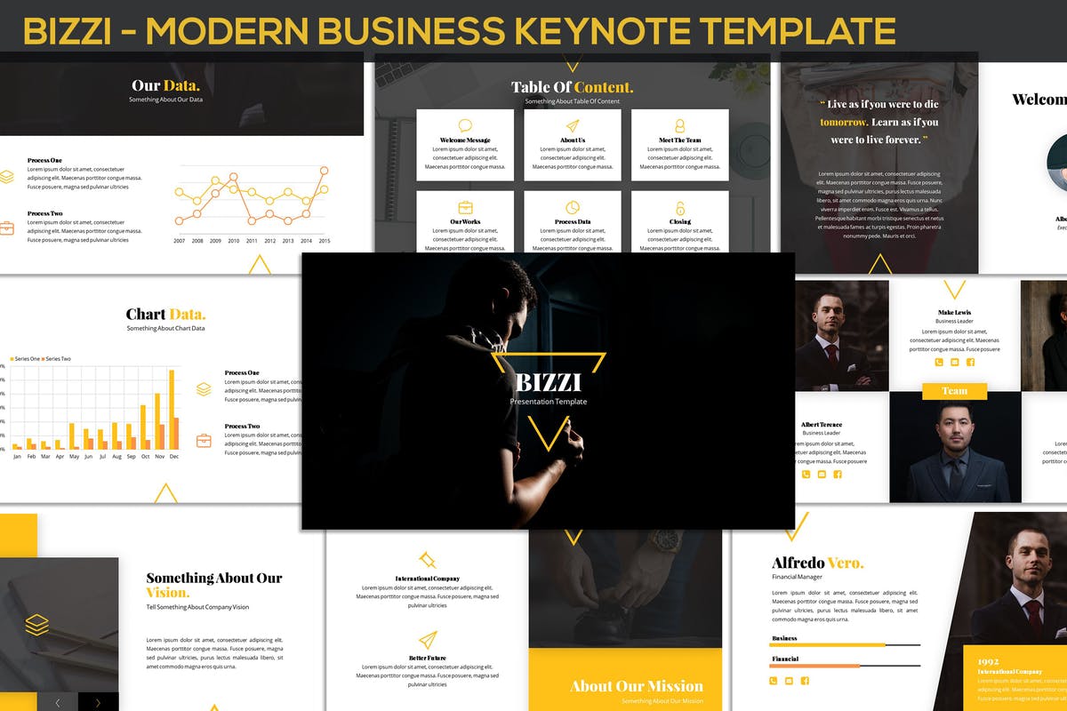 金融行业适用的酷黑背景现代风格Keynote幻灯片模板 Bizzi – Modern Business Keynote Template插图