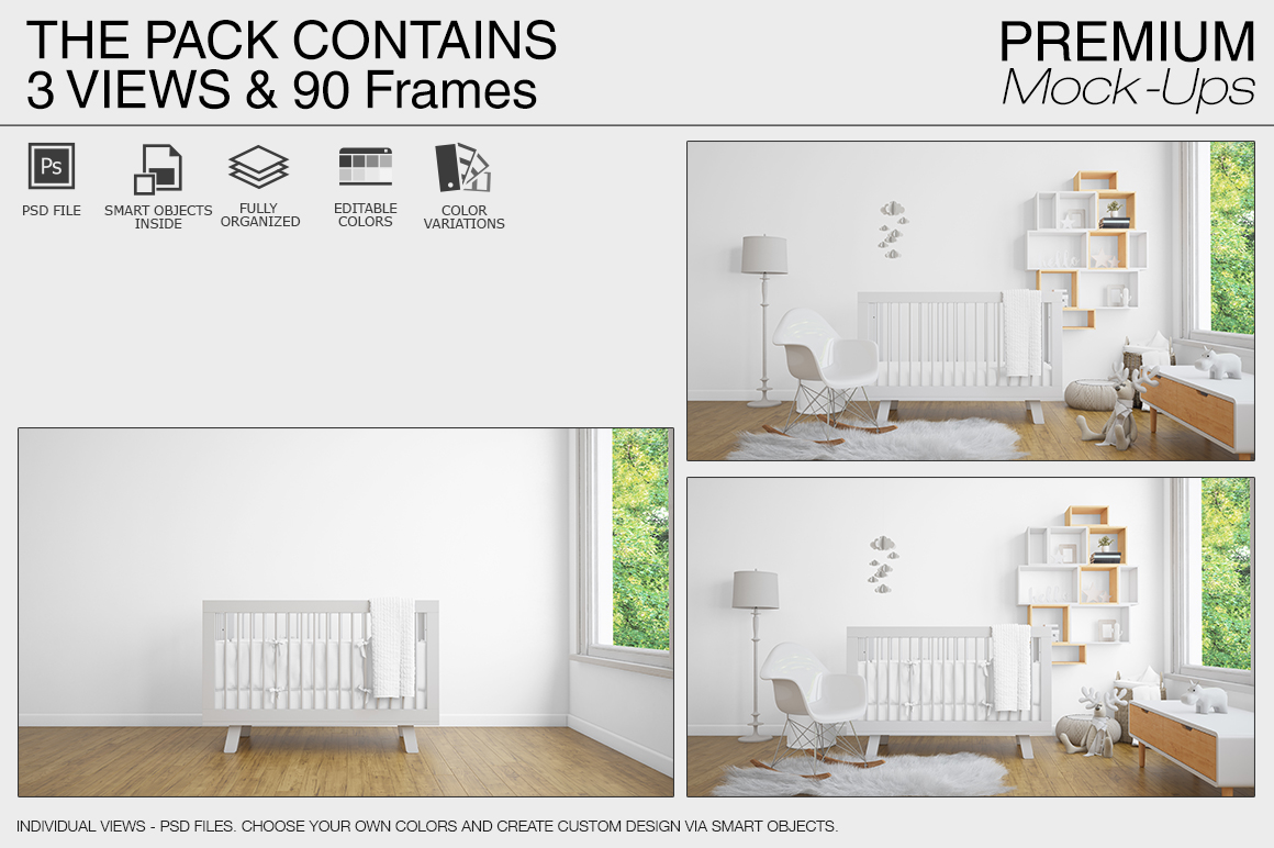 高品质的婴儿床 & 90个相框展示样机下载 Nursery Crib Wall & 90 Frames [psd]插图(17)