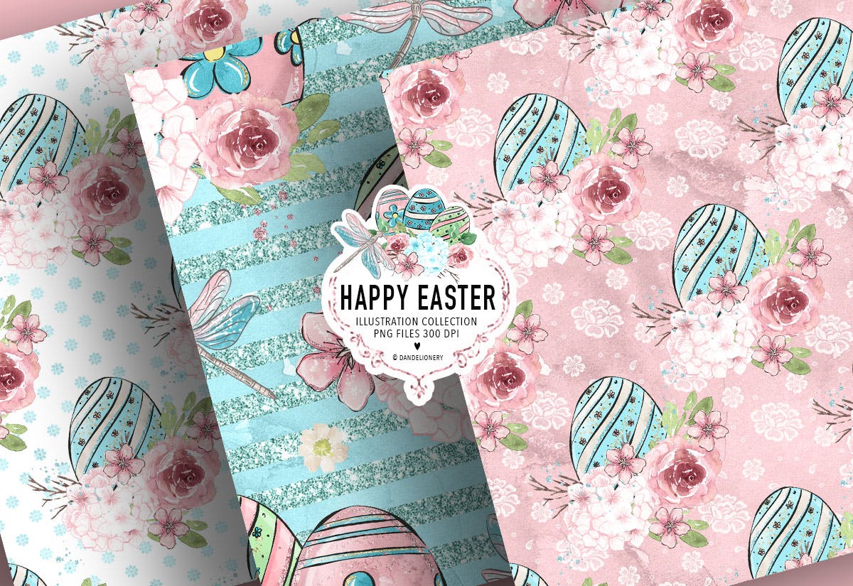 复活节蜻蜓水彩手绘数码纸张图案设计背景素材 Happy Easter dragonfly digital paper pack插图(2)