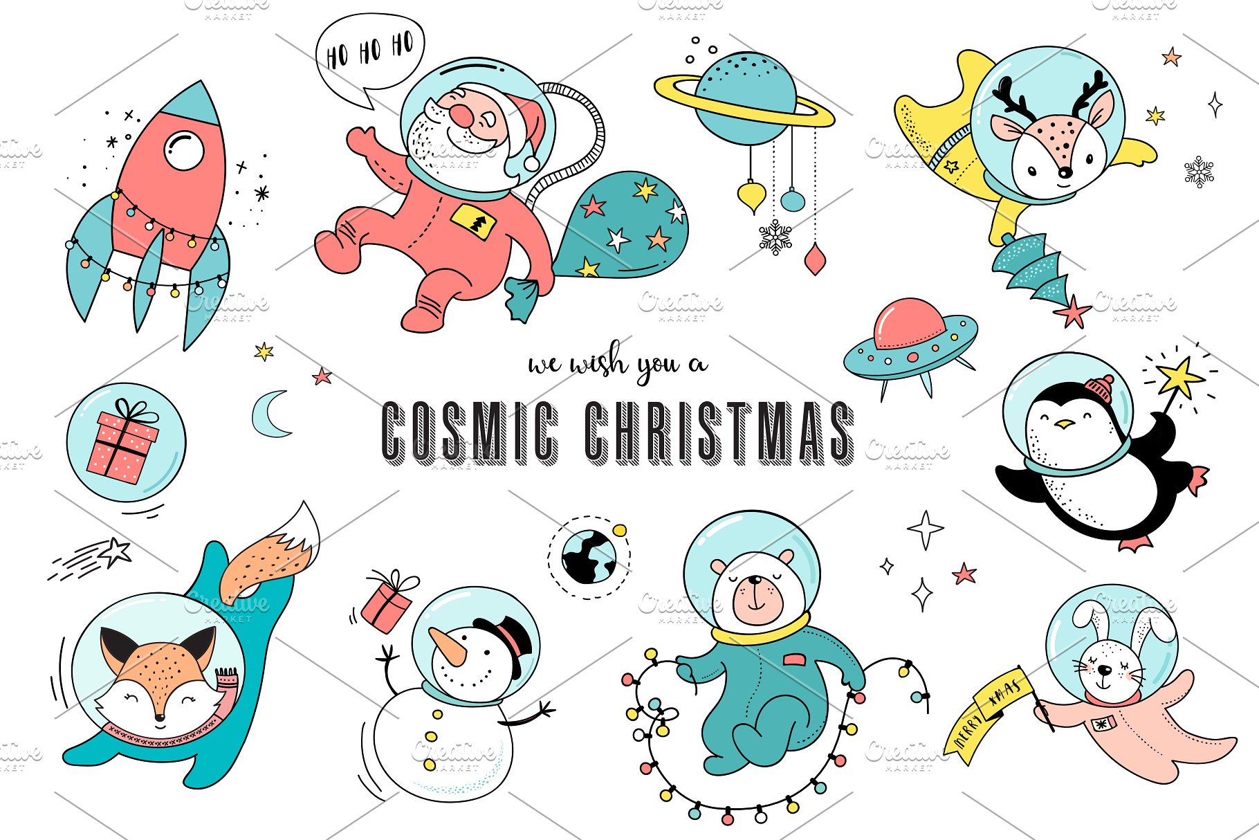 外太空宇宙圣诞节手绘插画素材 Cosmic Christmas in outer space插图1