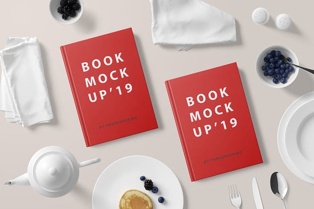 早餐餐桌硬纸封面书精装图书样机 Hard Cover Book Mockup – Breakfast Set插图(4)