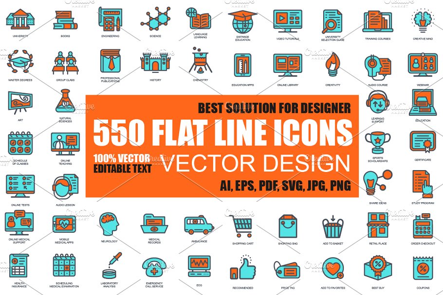 550枚扁平风格线条网站设计图标 Flat Line Web Icons插图