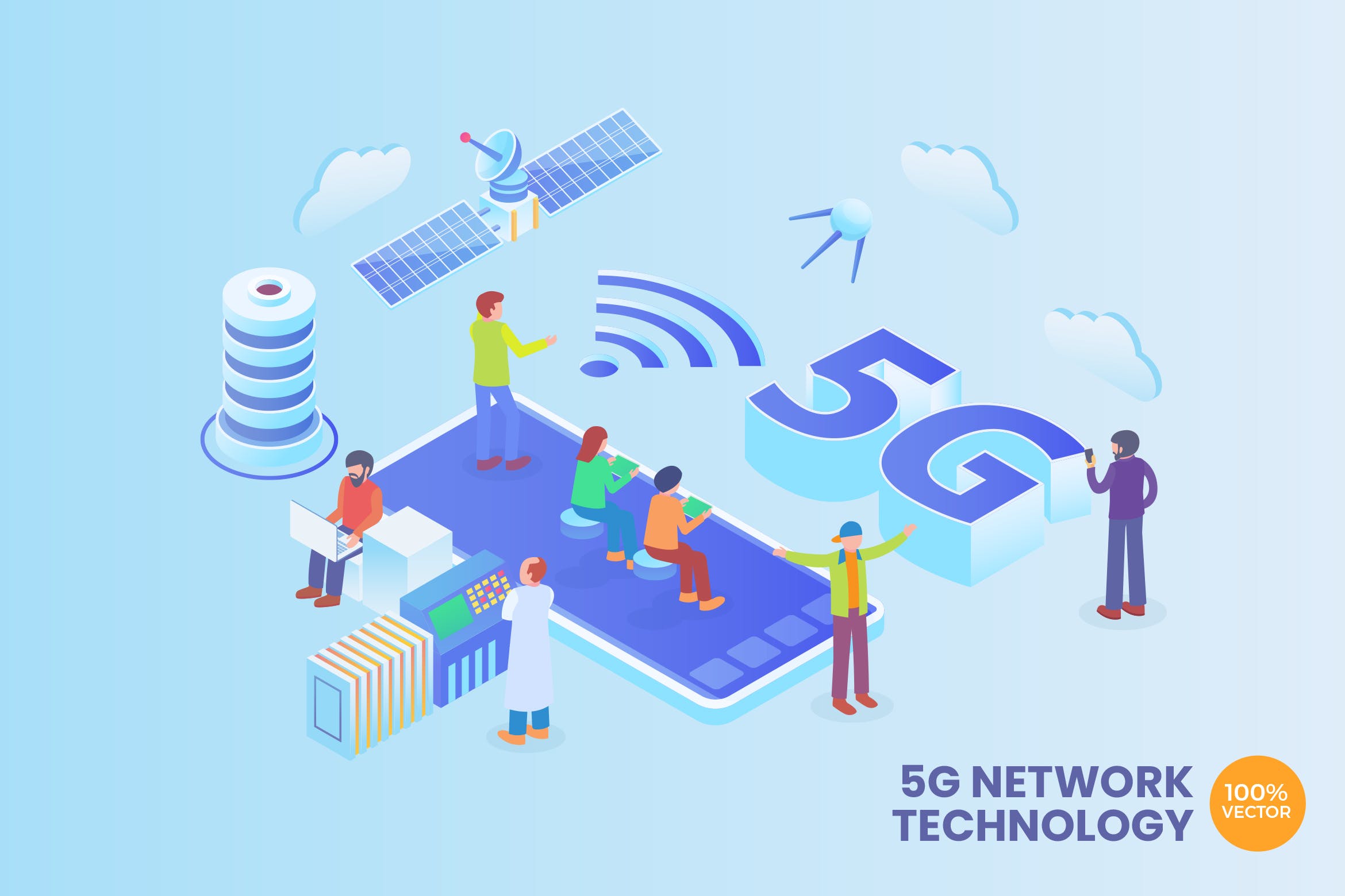 5G网络科技技术等距矢量概念插画 Isometric 5G Network Technology Vector Concept插图