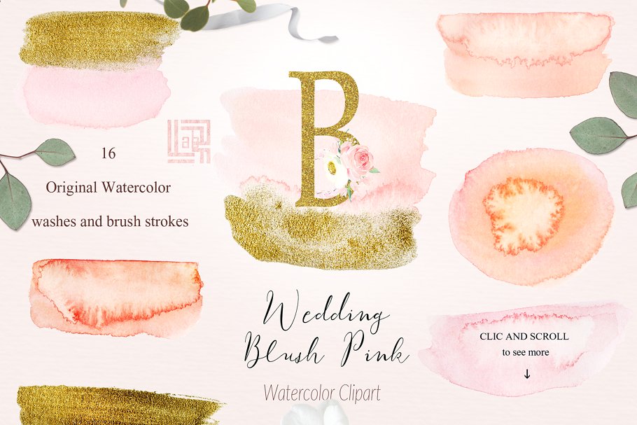 胭脂红水彩花卉元素，花环，花式字母… Blush pink bougainvillea插图8