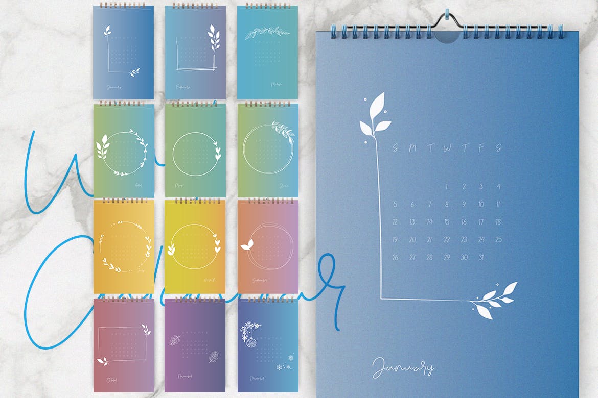 2020年简约植物手绘图案日历表设计模板 Wall Calendar 2020 Layout插图1