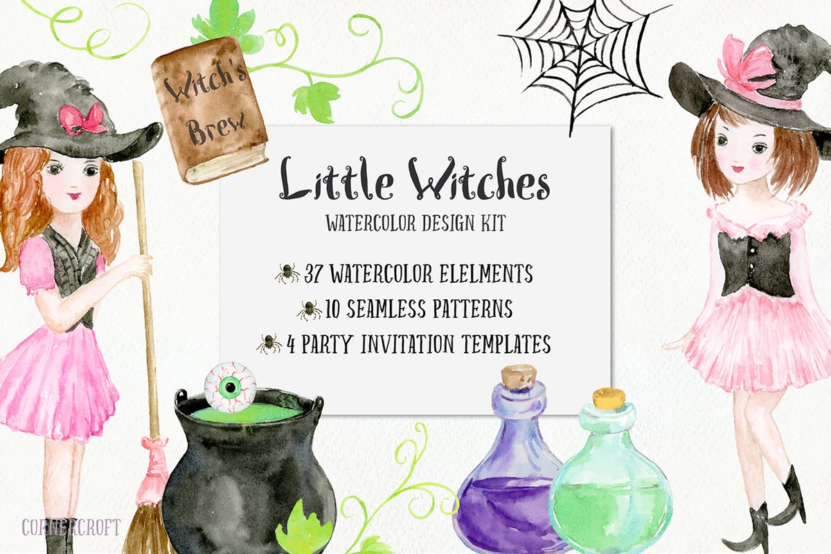 小女巫水彩元素设计套装 Little Witches Design Kit Watercolor插图