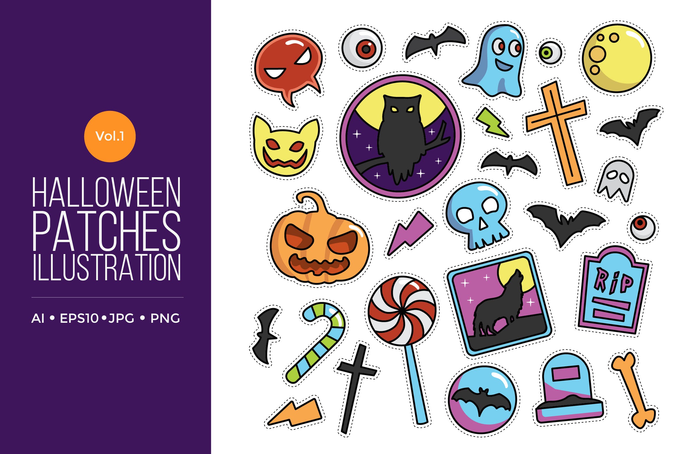 可爱风格万圣节贴纸图案矢量图形素材v1 Cute Happy Halloween Patches Vol.1插图