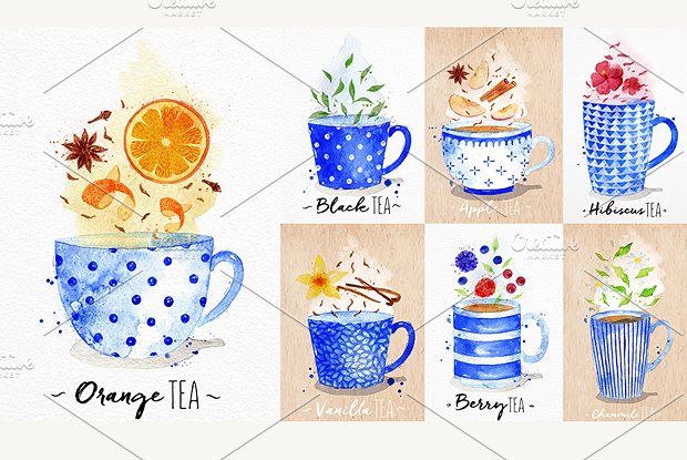 美丽如诗现代茶饮水彩菜单 Watercolor Tea Menu插图3
