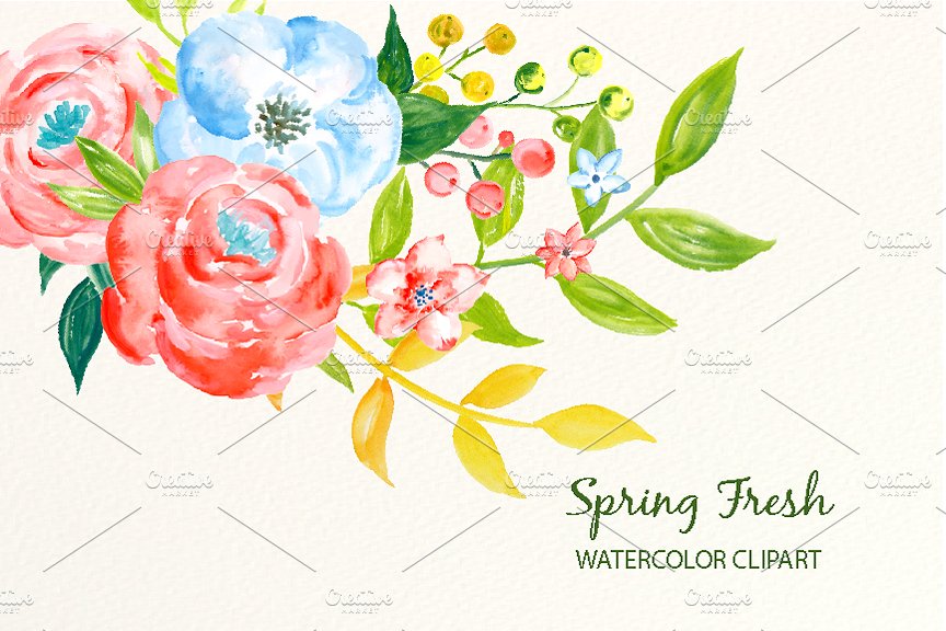 春季新鲜蓝粉色系水彩花卉插画 Watercolor Clipart Spring Fresh插图