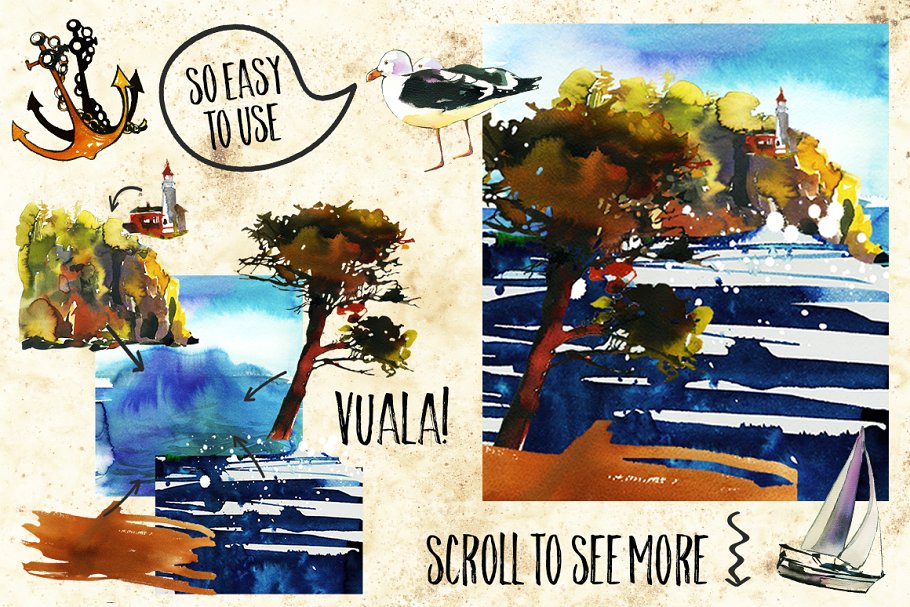 海景水彩场景设计素材包 Watercolor Trees Palms SeaScape Kit.插图1