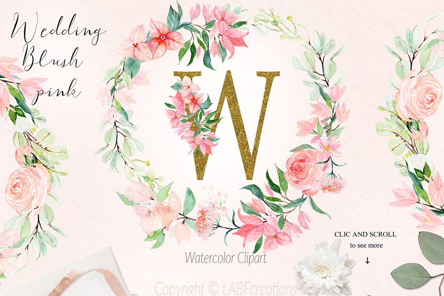 胭脂红水彩花卉元素，花环，花式字母… Blush pink bougainvillea插图3