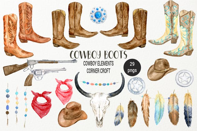 西部牛仔文化靴子&配件水彩插画合集 Watercolor Cowboy Boots And Accessory collection插图2