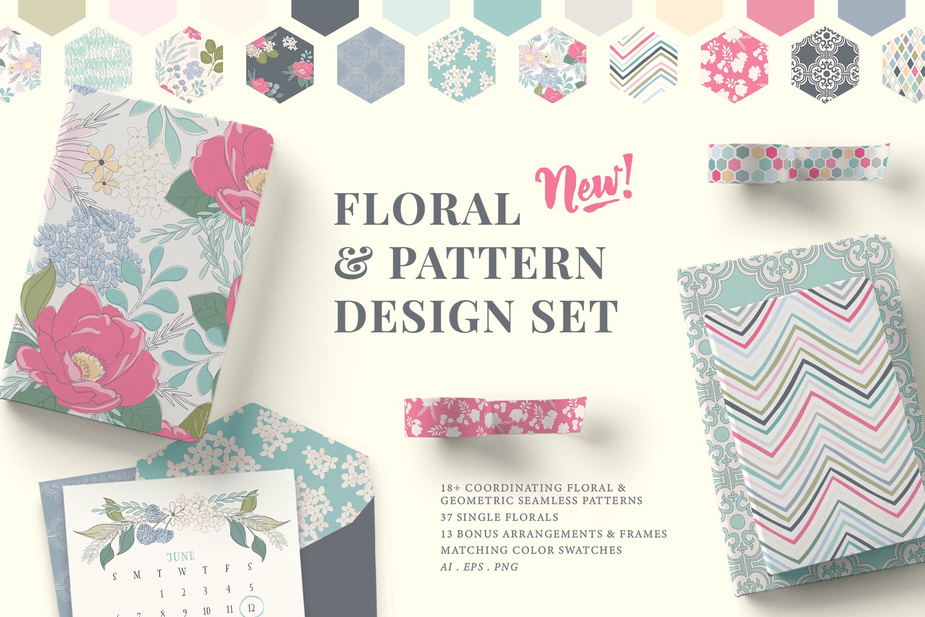 甜美时尚花卉和几何图案纹理 Floral & Pattern Design Set插图