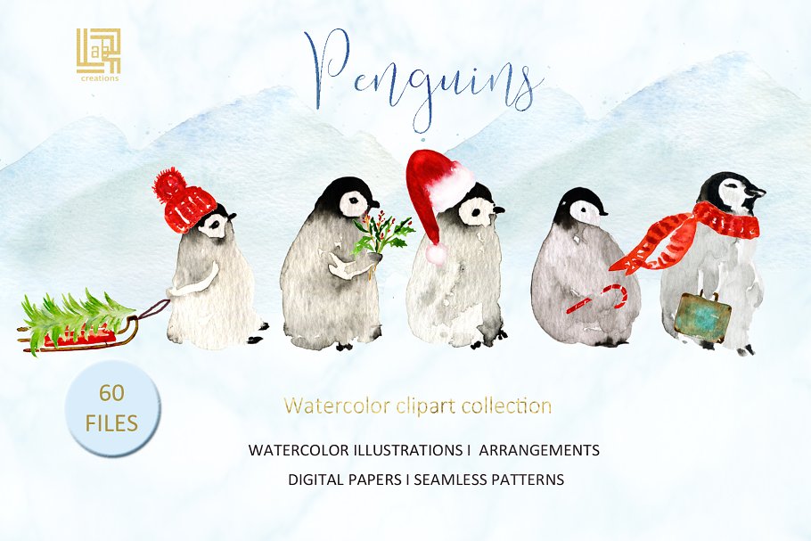 可爱的水彩手绘企鹅插图 Penguins. Watercolor illustrations插图