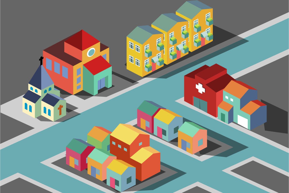 多彩等距社区邻居场景矢量插画v2 colorful Small neighborhood.插图