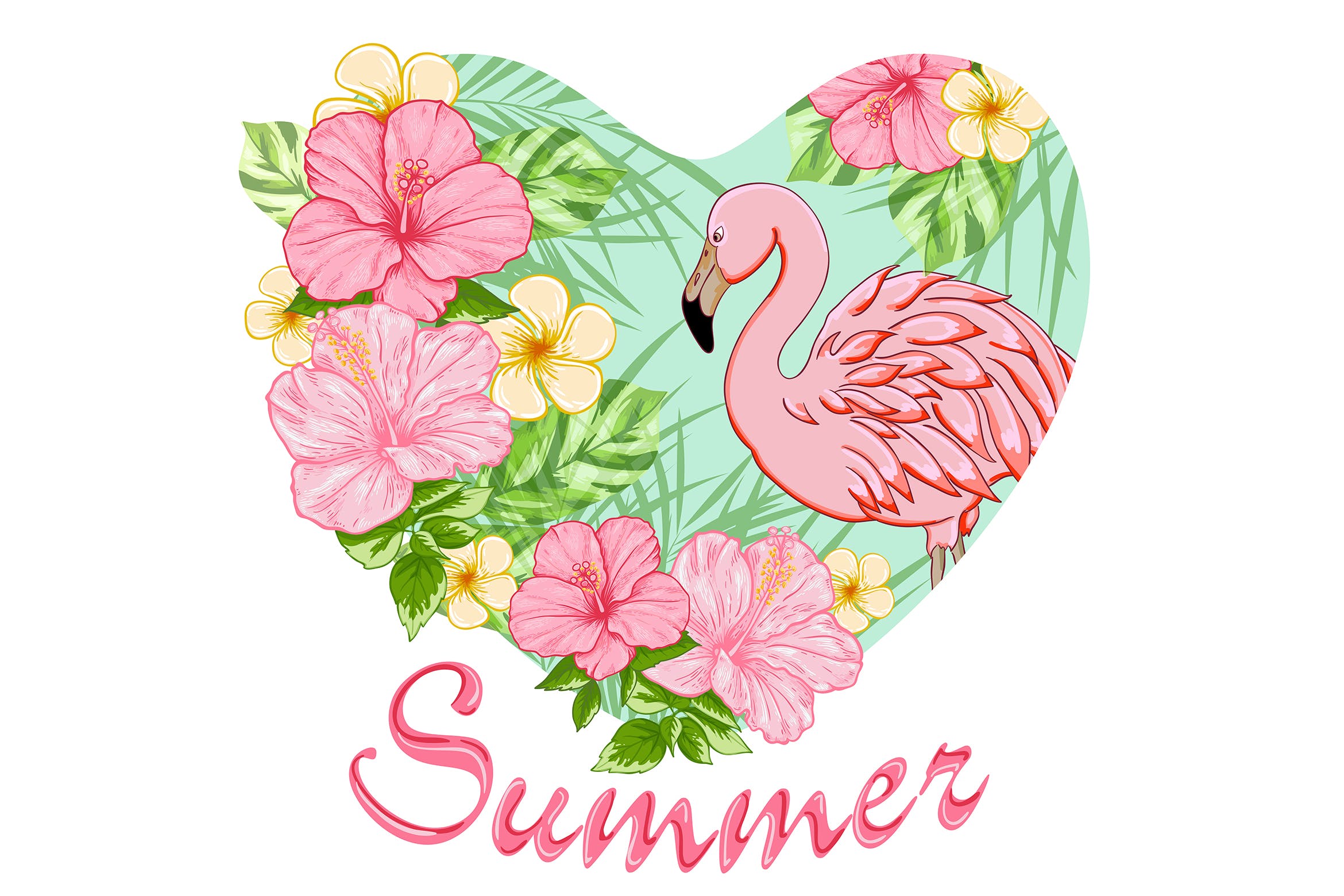 水彩花卉&粉红火烈鸟热带主题插画素材 Tropical Flowers and Pink Flamingo插图
