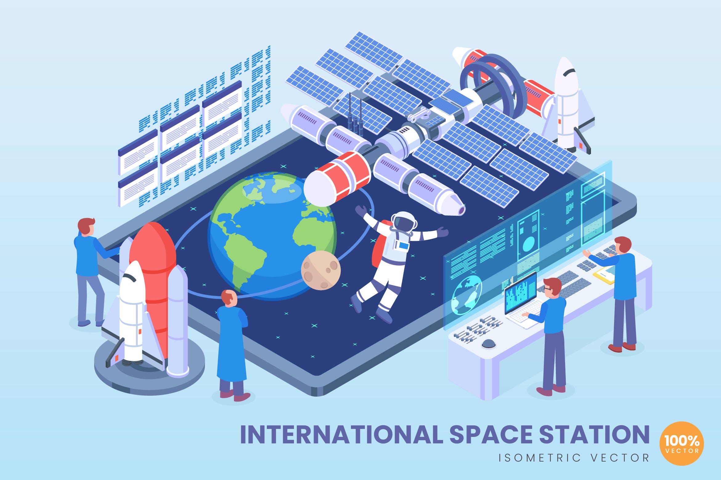 国际空间站等距矢量概念插画素材 Isometric International Space Station Vector插图