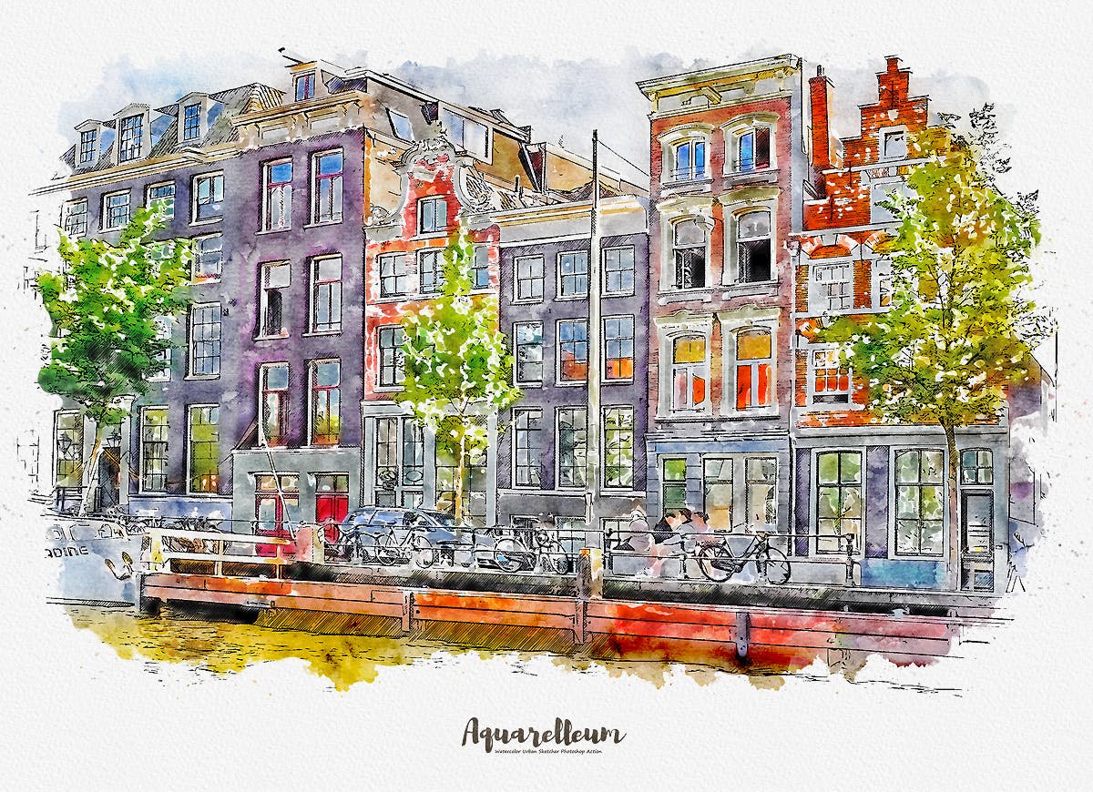 城市风景转水彩&铅笔素描效果PS动作 Aquarelleum – Urban Sketch Photoshop Action插图10