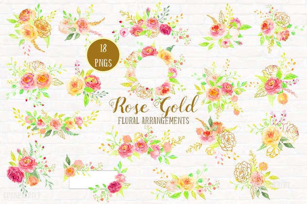 玫瑰金水彩花卉设计素材套装 Watercolor Design Kit Rose Gold插图(1)