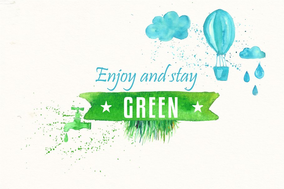 绿色主题水彩设计AI笔刷素材包 Green Design Set插图4