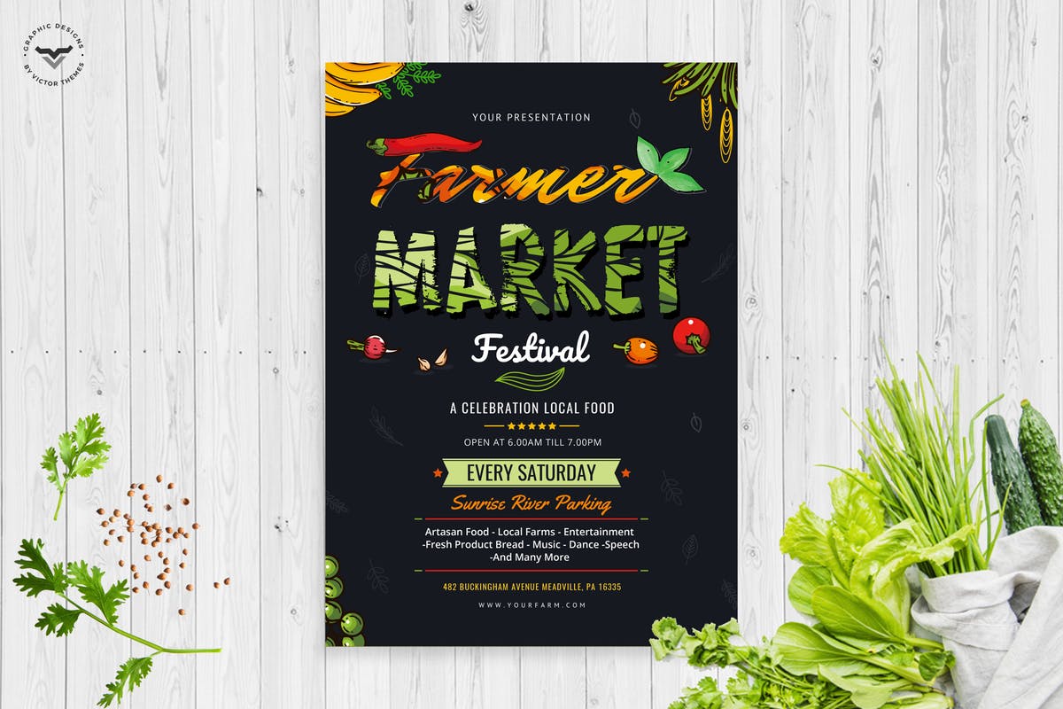 农贸市场菜市场活动创意海报模板 Organic Market Farmers Flyer插图