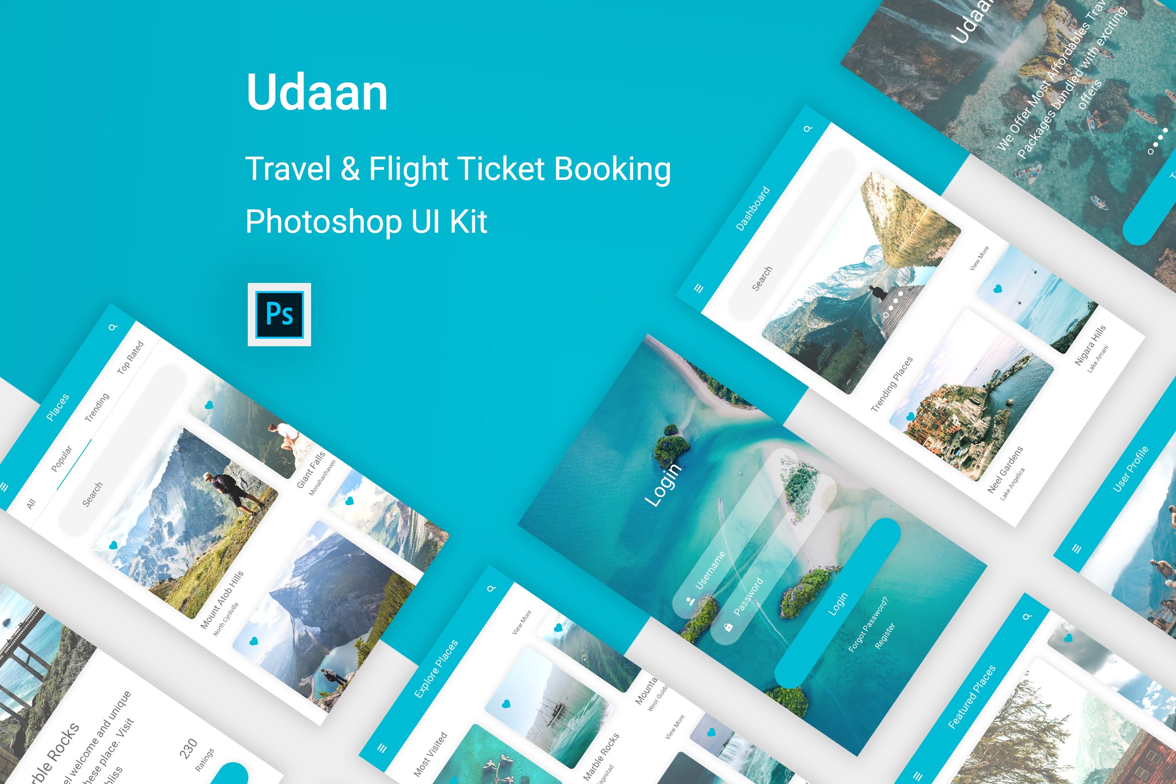 旅行和航班机票预订APP应用程序UI界面设计PSD模板 Udaan – Travel & Flight Booking App for Photoshop插图