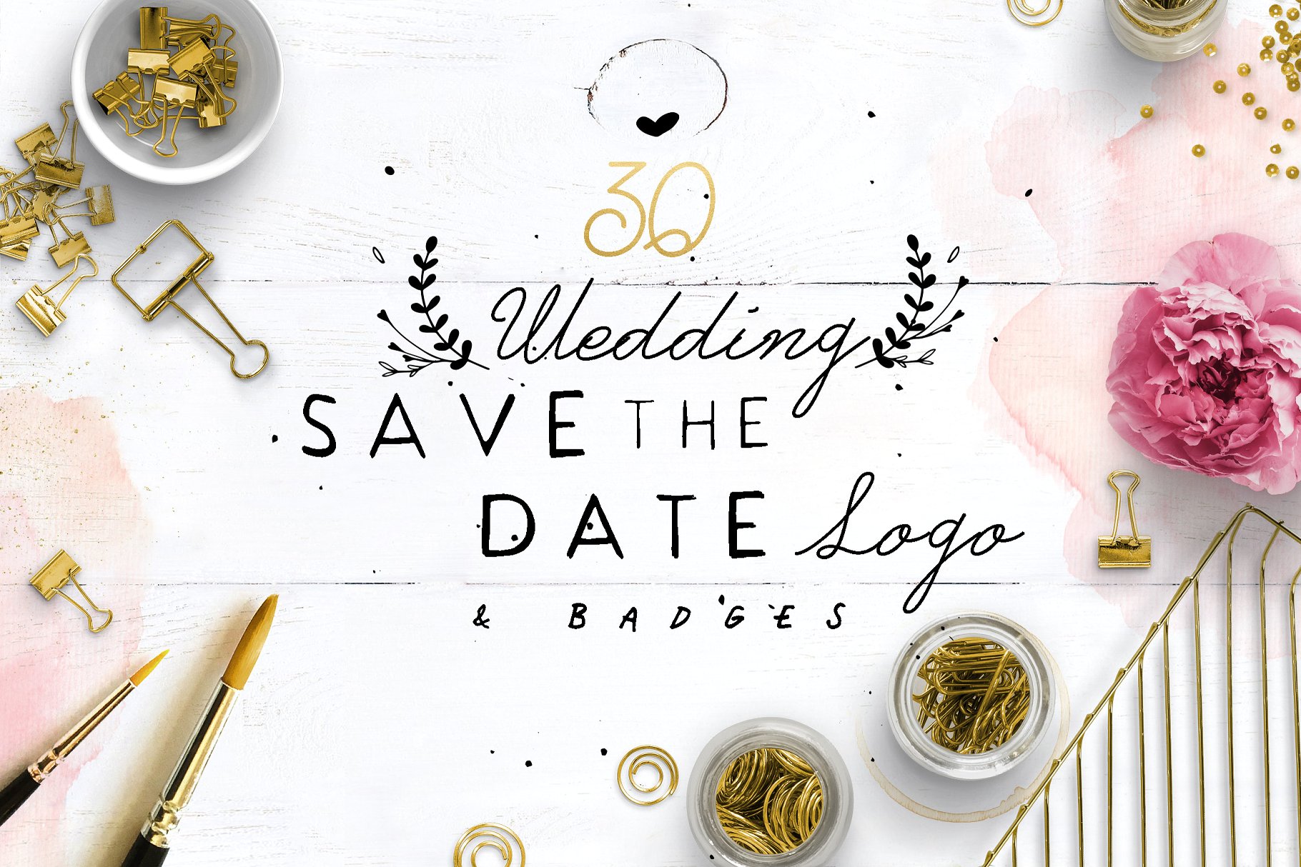 30款预留时间花环徽章Logo模板 30 Save the Date Wreath Logo插图