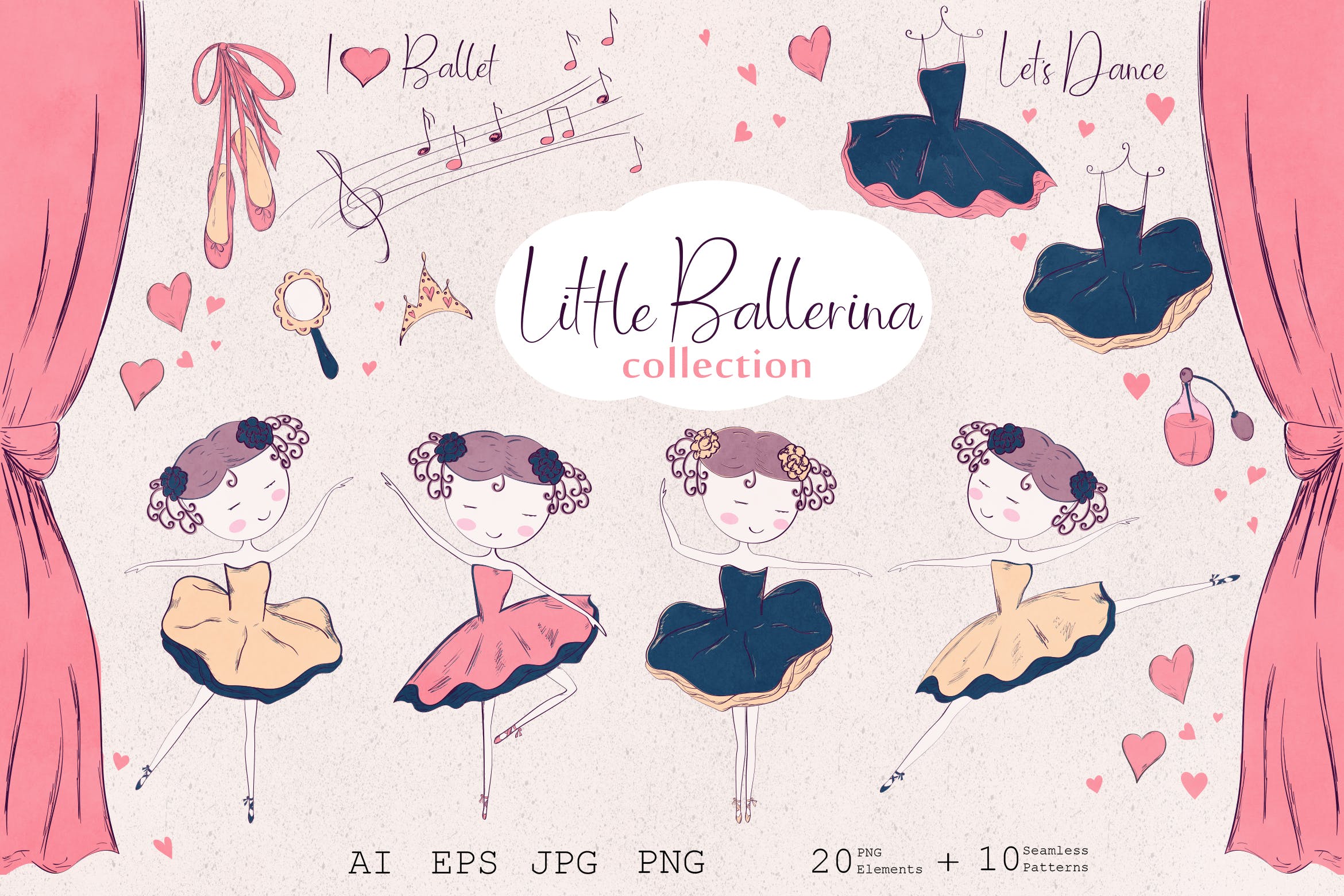 小芭蕾舞演员形象手绘插画图案矢量素材 Little ballerina插图