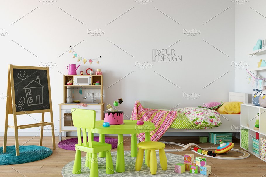 儿童主题室内墙纸设计展示和相框画框样机 Kids Interior Wall & Frames Mockup 1插图(13)