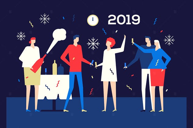2019新年主题扁平化矢量插画1 Happy new year 2019 – flat design illustration插图1