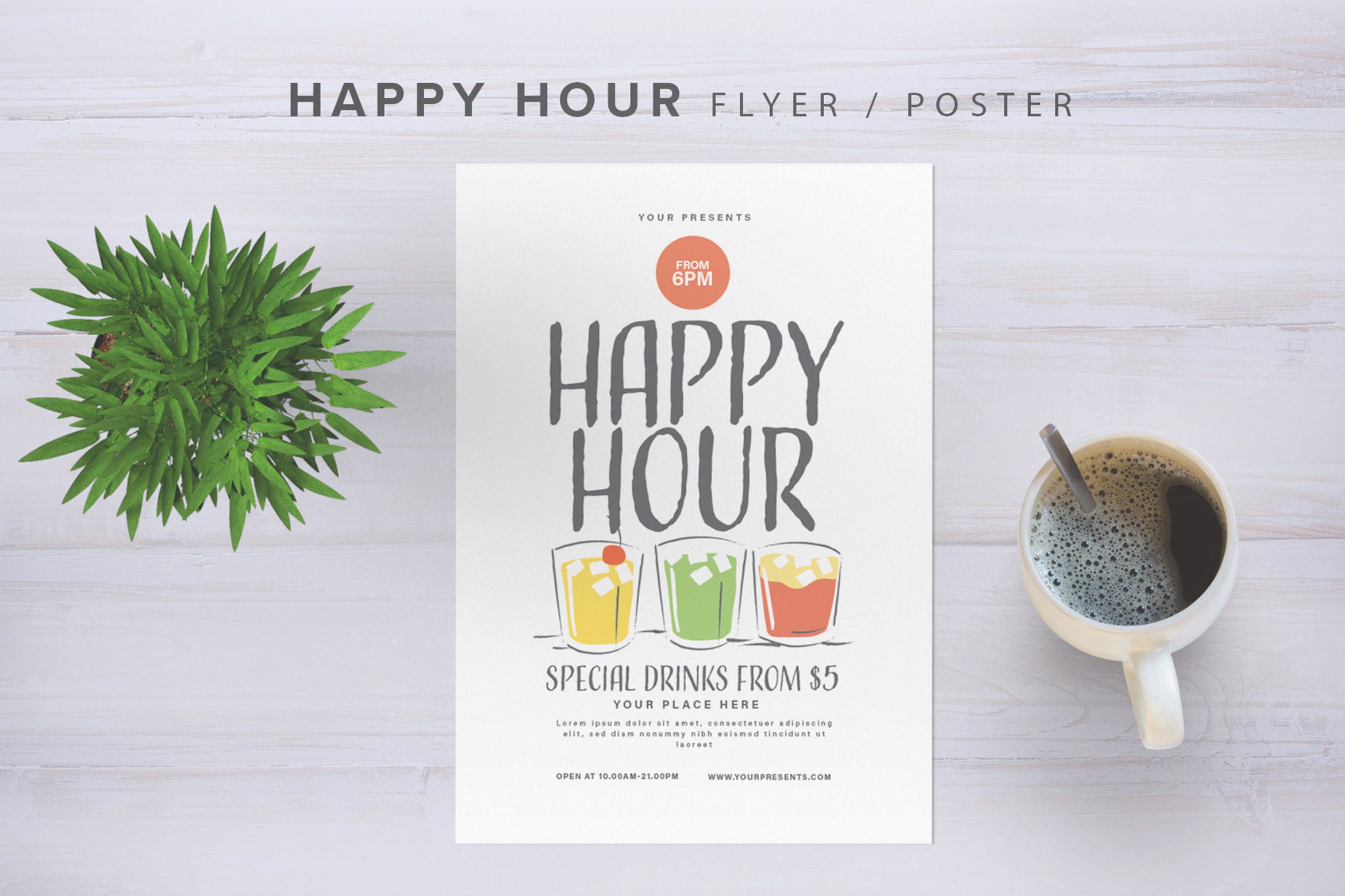 欢乐时光饮品店广告海报传单设计模板 Happy Hour Flyer插图
