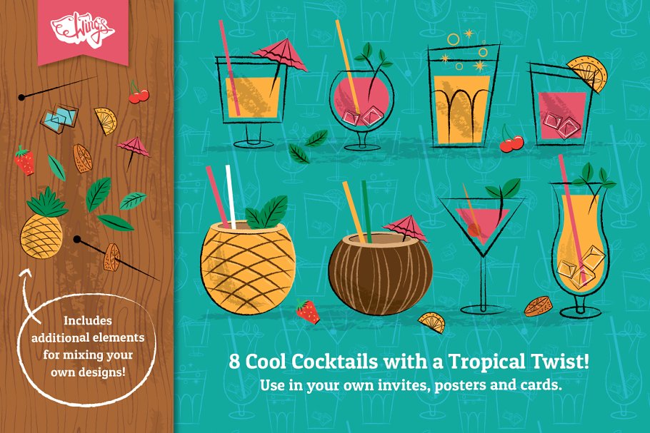 悠闲的夏威夷式鸡尾酒派对宣传单模板 Cocktail Party Vector Illustrations插图(1)