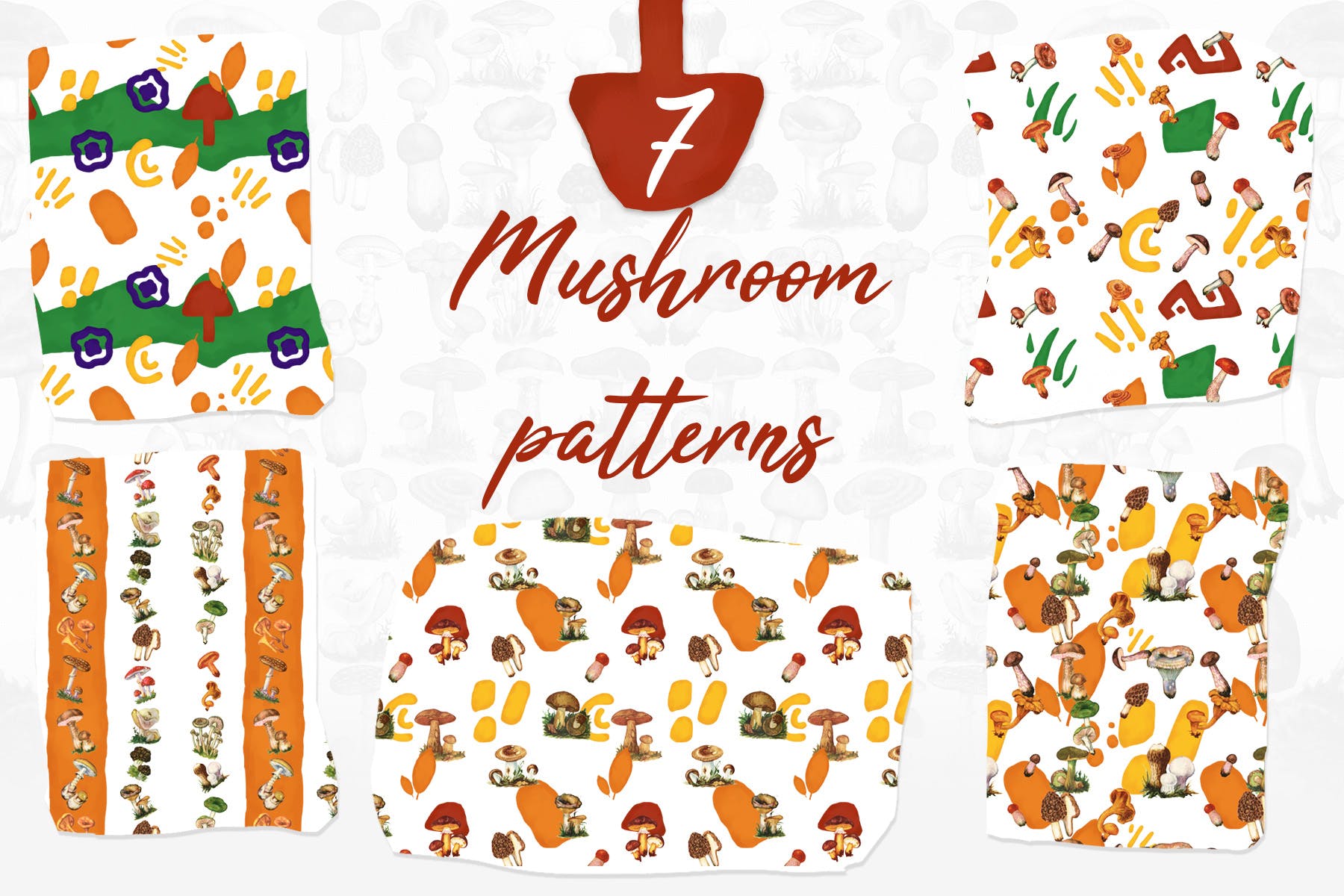 7款蘑菇手绘图案图片纹样背景素材 7 Mushroom Patterns插图