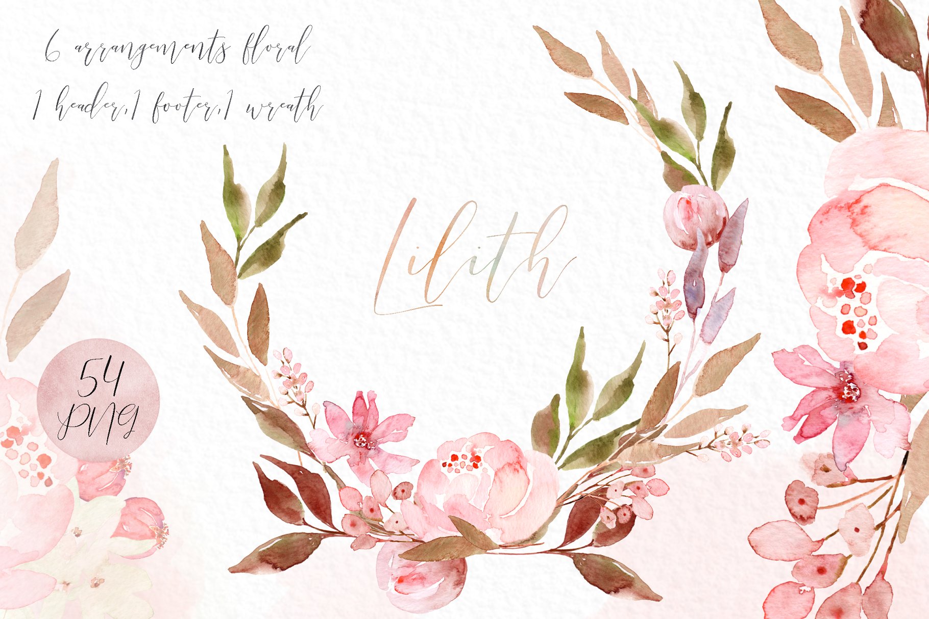 粉色水彩花卉剪贴画 Lilith. Pink watercolour flowers插图(5)