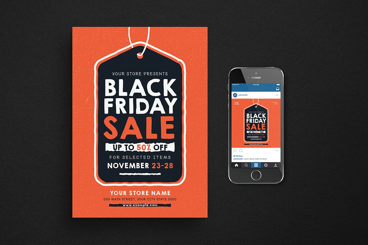 创意手绘吊牌黒五促销活动海报/电子海报设计模板 Black Friday Flyer + Instagram Post插图(2)