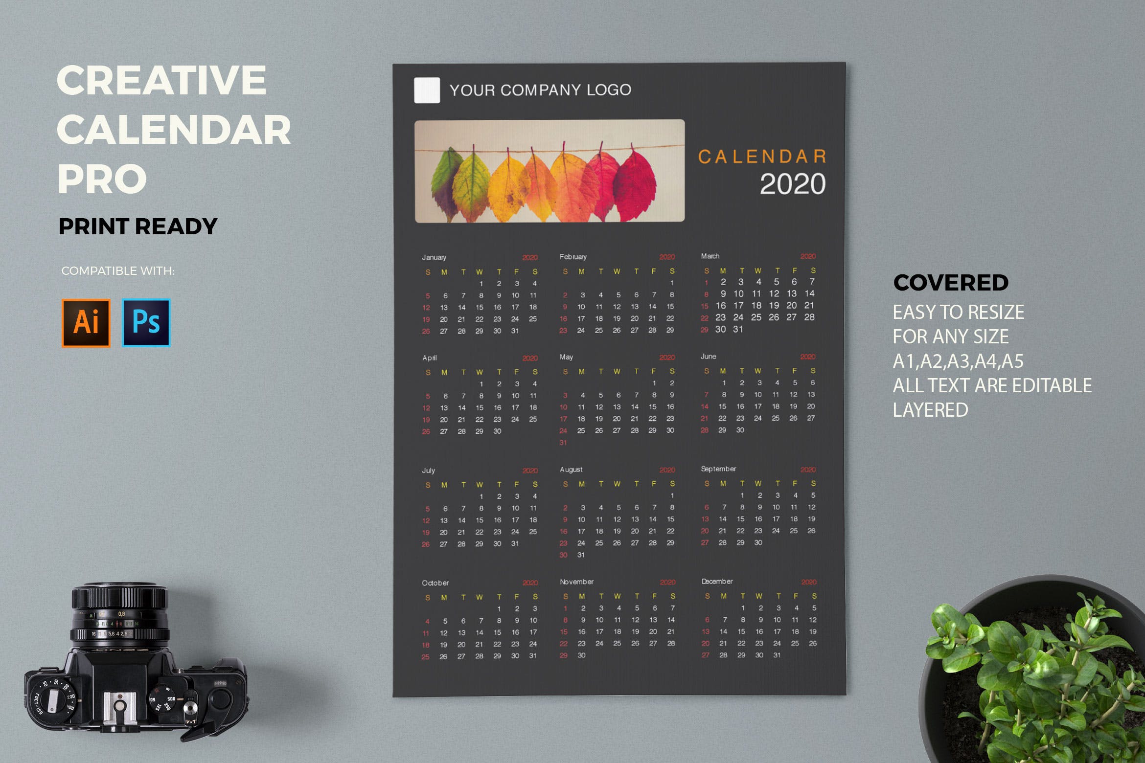 简约优雅设计风格2020年历日历设计模板 Creative Calendar Pro 2020插图