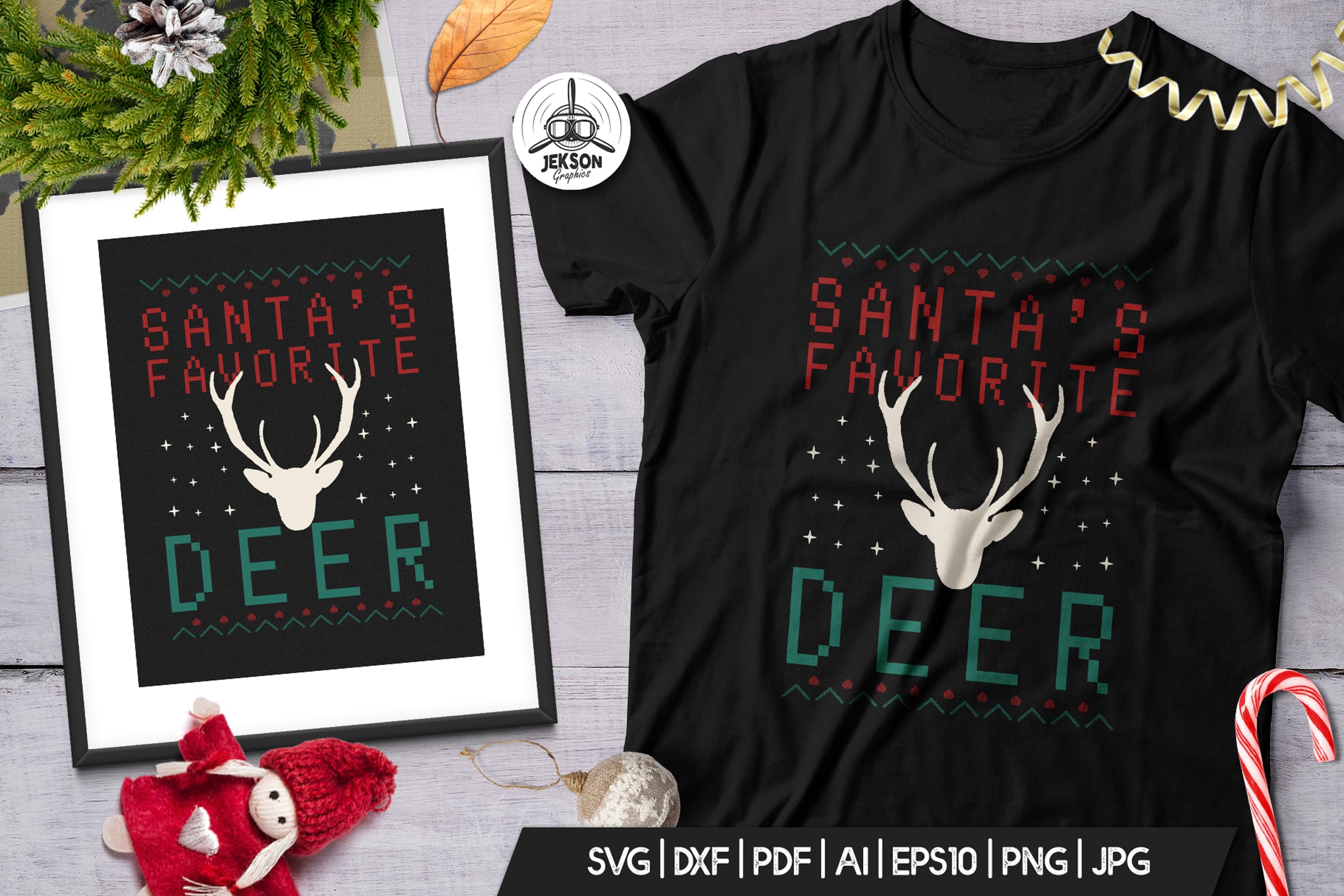 圣诞节主题T恤麋鹿头印花图案设计模板 Santa Favorite Deer, Christmas Print TShirt Design插图