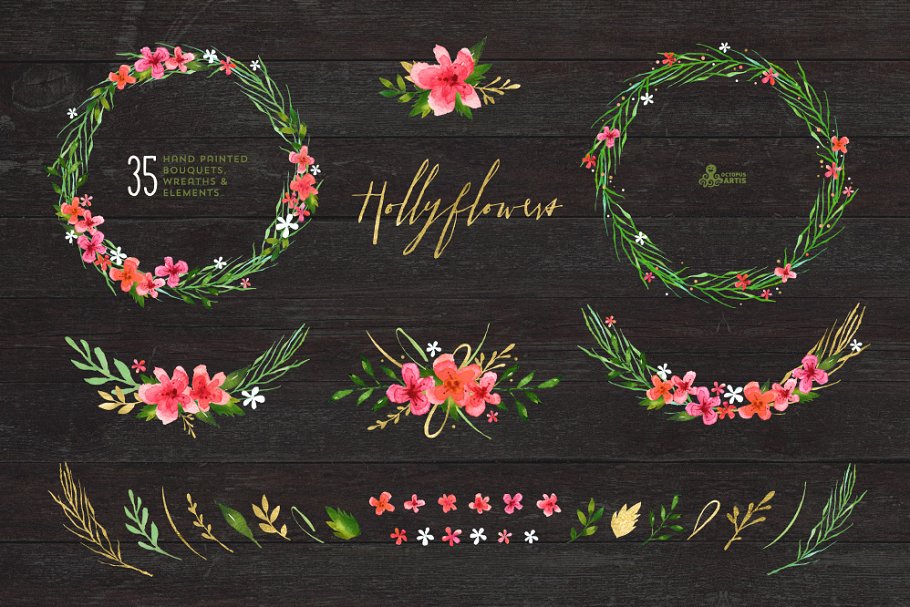 高质量手绘水彩花束剪贴画 Hollyflowers. Holiday floral set插图(2)