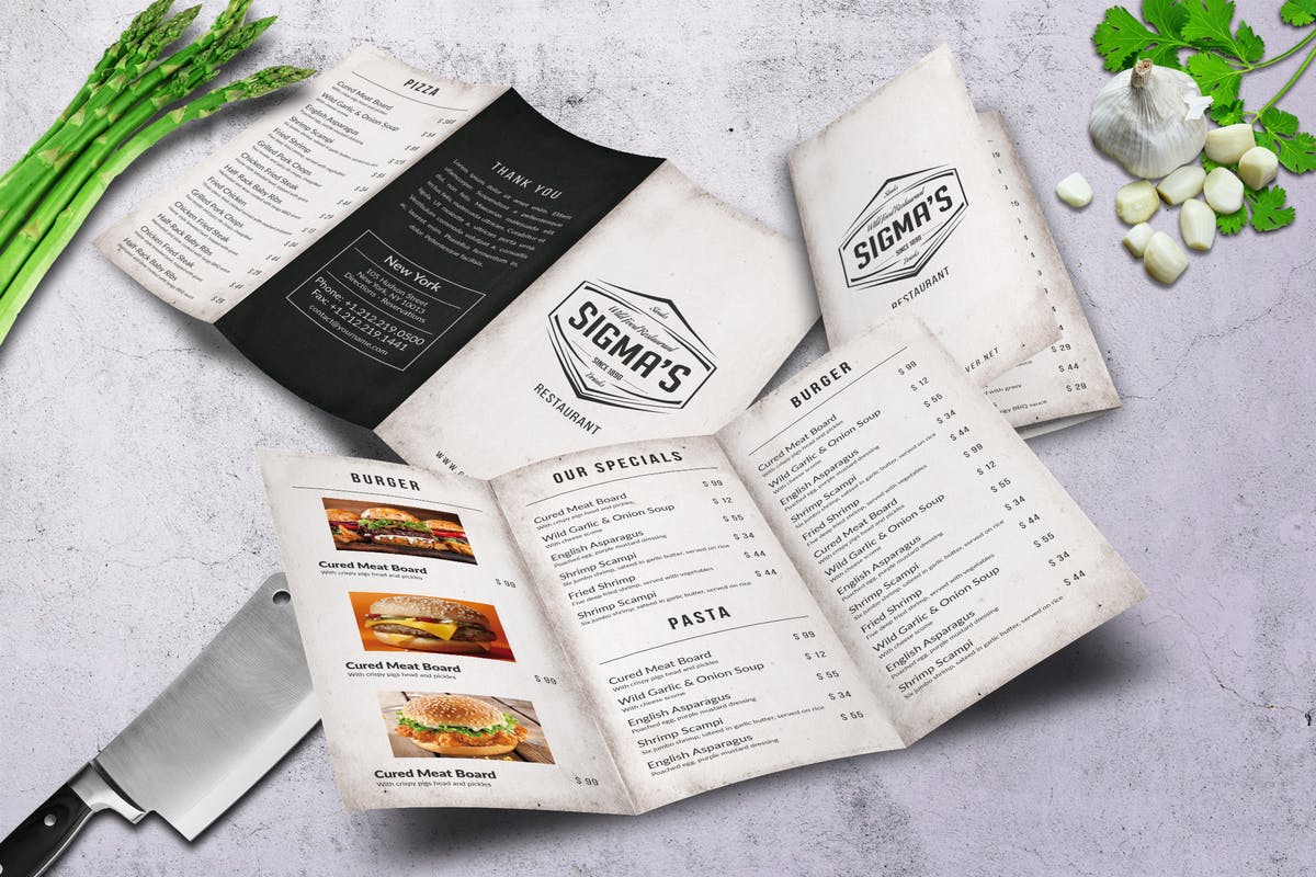 西式快餐汉堡店餐厅极简主义设计风格菜单模板 Sigma Minimal Trifold Menu A4 and US Letter插图