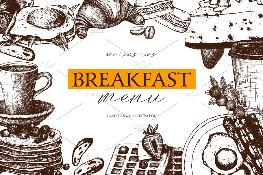 墨水手绘老式早餐模板设计元素 Hand Drawn Breakfast Design插图