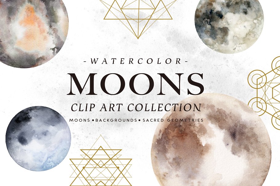月亮水彩图案素材 Watercolor Moons插图
