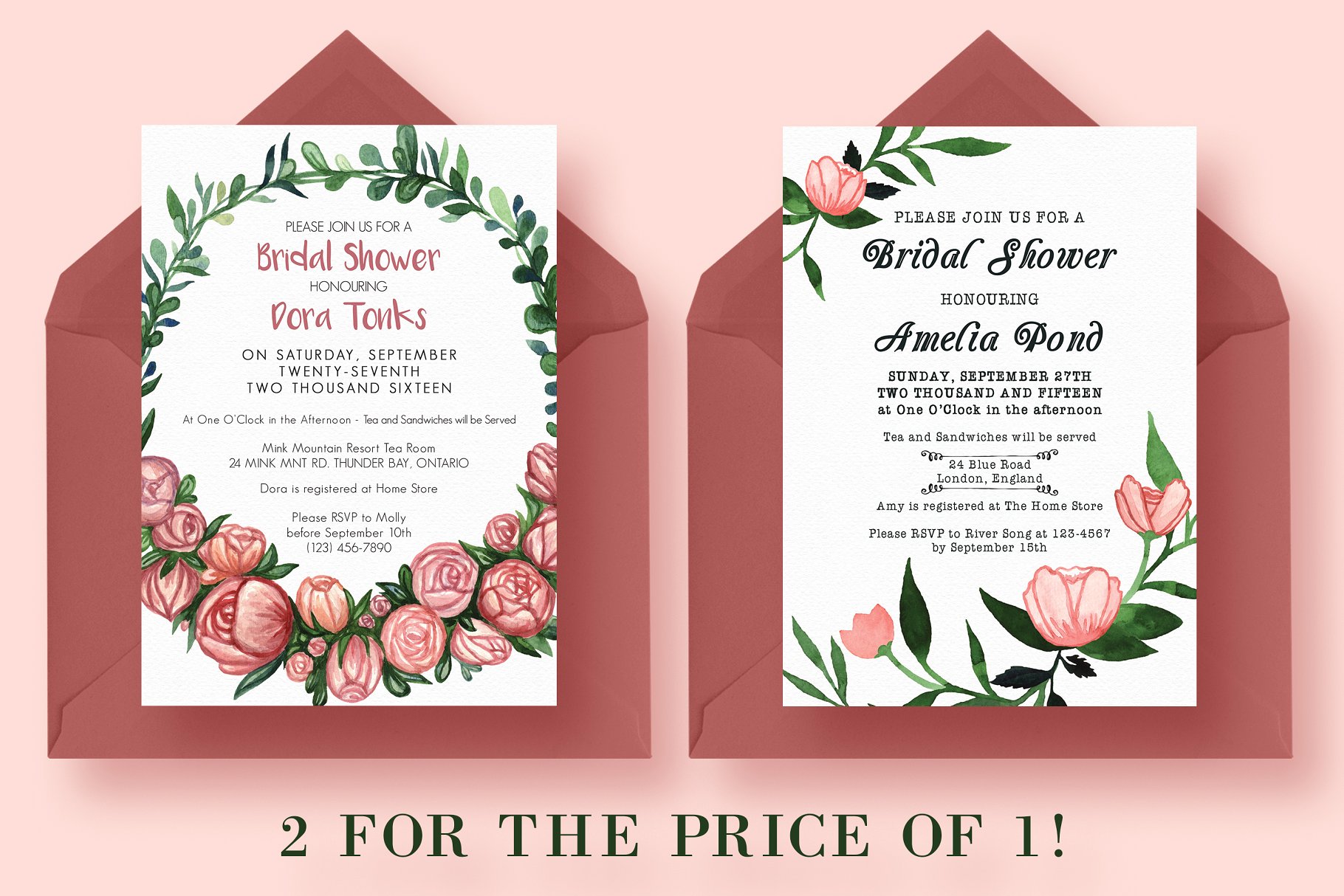 2合1花卉装饰新娘送礼婚礼邀请函设计模板 2 FOR 1 Bridal Shower Invitations插图